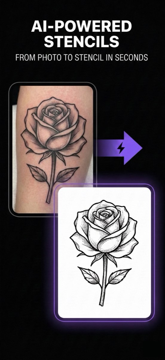 A photo of a rose tattoo converted into a clean stencil line drawing beside it.